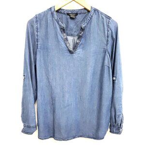 Esmara by Heidi Klum Denim Roll Tab Sleeve Rhinestone Trim Pullover Top Sz 6